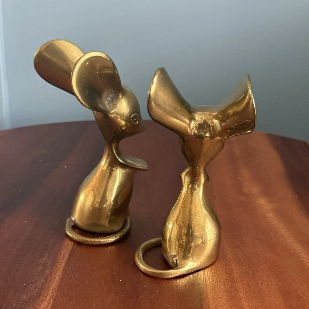 Vintage Brass Mouse Figurines Pair‎ Big Ears Cottage Woodland Decor Fairy Witchy